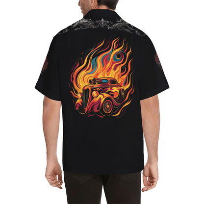 Men's Muscle Car and Flames No Tuck Guayabera 'Hawaiian' Shirt