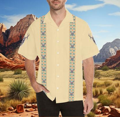 Men's Elk Skull Southwestern Desert No Tuck Guayabera 'Hawaiian' Shirt (Yellow)