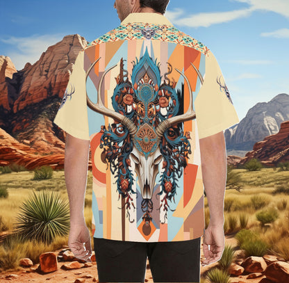 Men's Elk Skull Southwestern Desert No Tuck Guayabera 'Hawaiian' Shirt (Yellow)