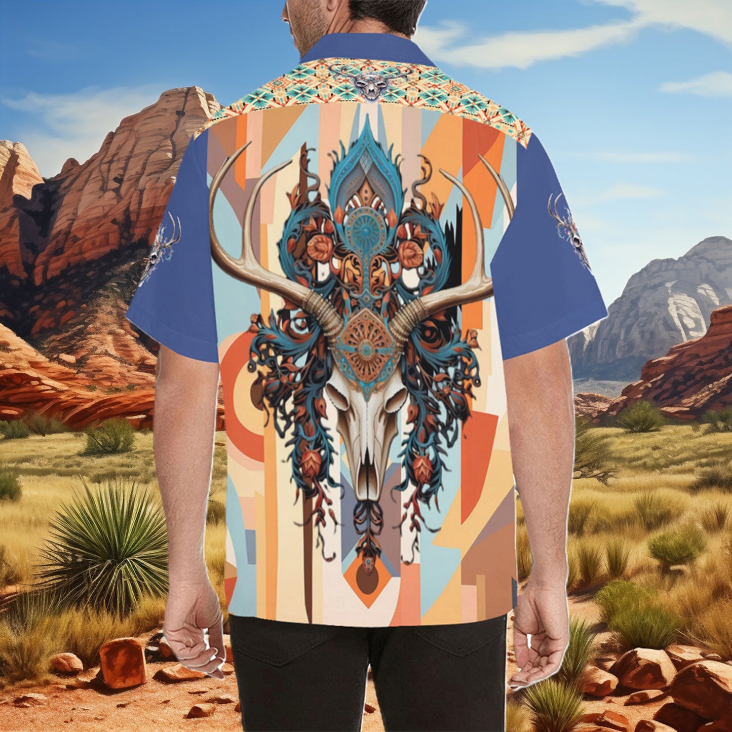 Men's Elk Skull Southwestern Desert No Tuck Guayabera 'Hawaiian' Shirt (Blue)