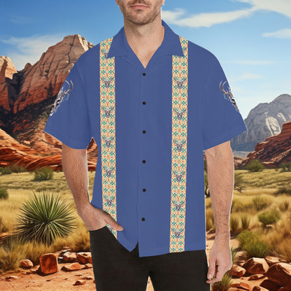 Men's Elk Skull Southwestern Desert No Tuck Guayabera 'Hawaiian' Shirt (Blue)