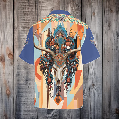 Men's Elk Skull Southwestern Desert No Tuck Guayabera 'Hawaiian' Shirt (Blue)