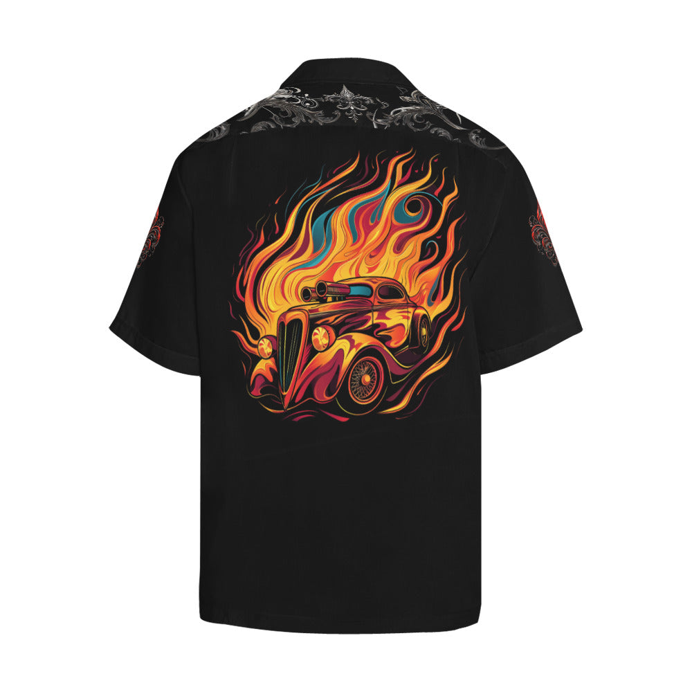 Men's Muscle Car and Flames No Tuck Guayabera 'Hawaiian' Shirt