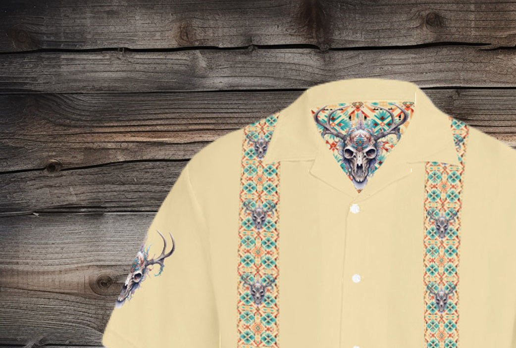 Men's Elk Skull Southwestern Desert No Tuck Guayabera 'Hawaiian' Shirt (Yellow)