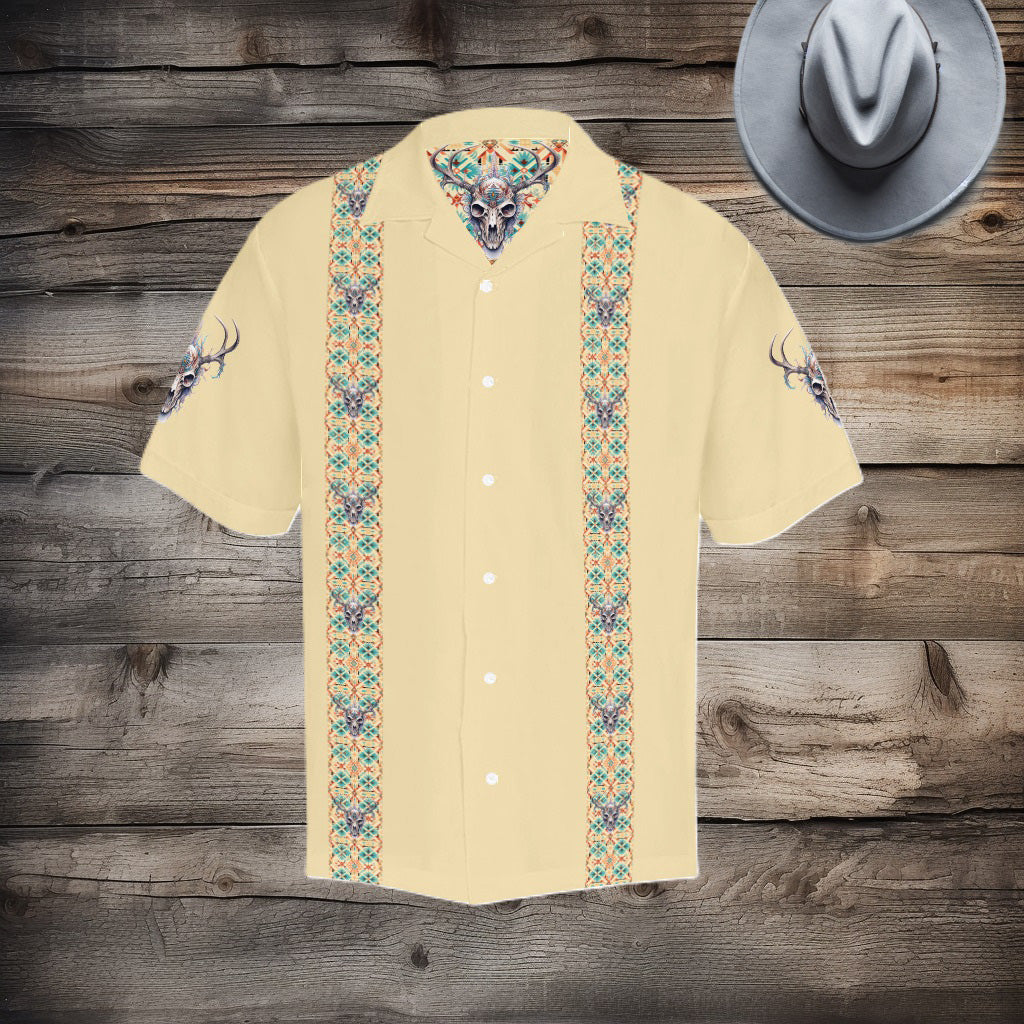 Men's Elk Skull Southwestern Desert No Tuck Guayabera 'Hawaiian' Shirt (Yellow)