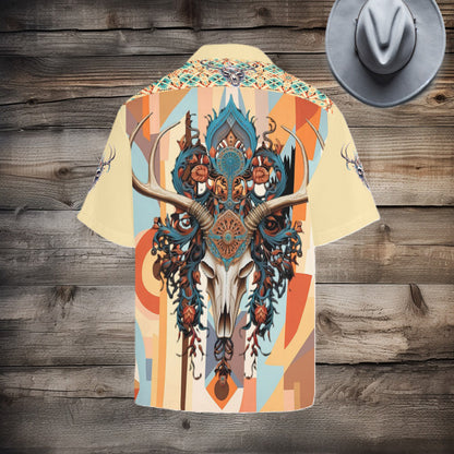 Men's Elk Skull Southwestern Desert No Tuck Guayabera 'Hawaiian' Shirt (Yellow)