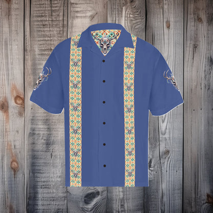 Men's Elk Skull Southwestern Desert No Tuck Guayabera 'Hawaiian' Shirt (Blue)